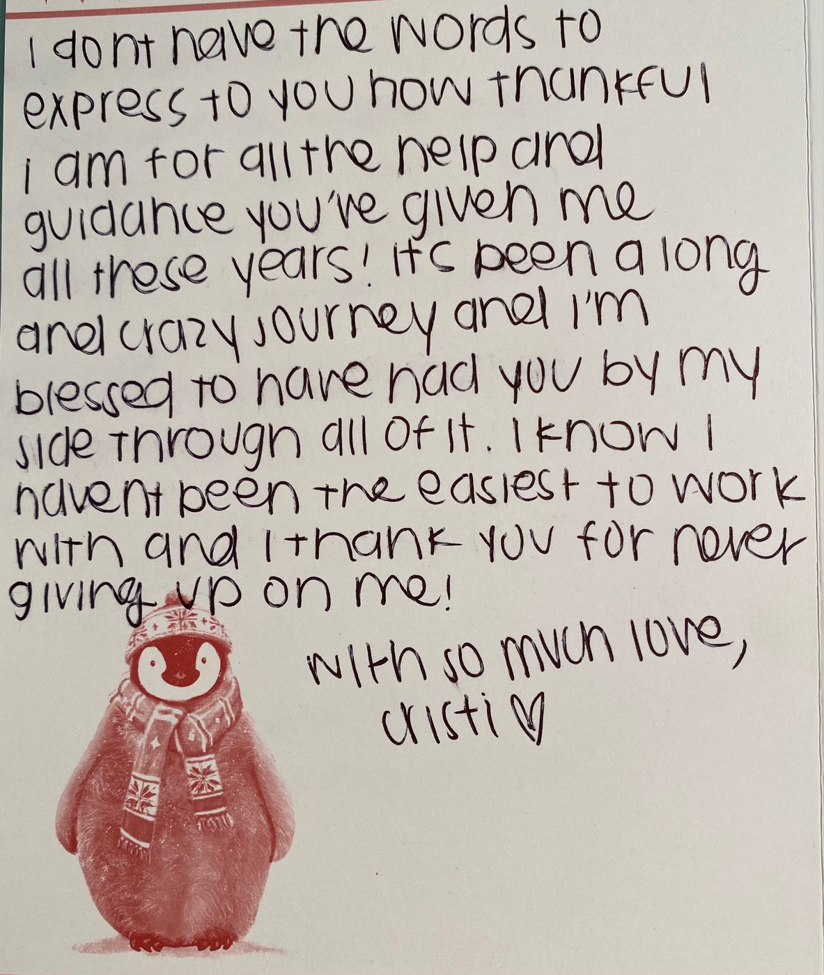Handwritten note from Cristi thanking Amy for years of guidance and encouragement