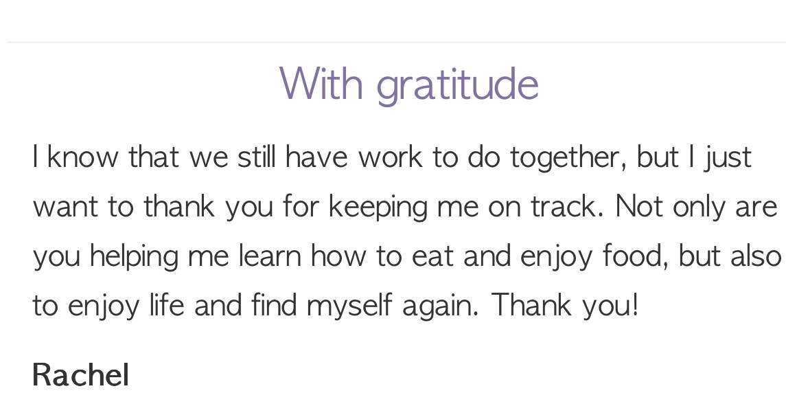 Message from Rachel thanking Amy for helping her enjoy food and life again