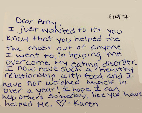 Handwritten note from Karen about overcoming an eating disorder and building a healthy relationship with food
