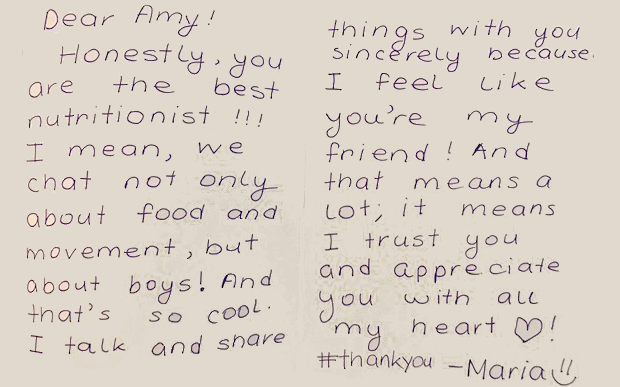 Handwritten note from Maria calling Amy a trusted nutritionist and friend