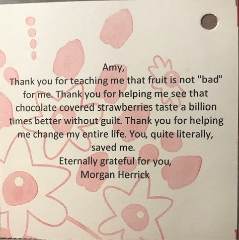 Note from Morgan Herrick thanking Amy for helping her find food freedom